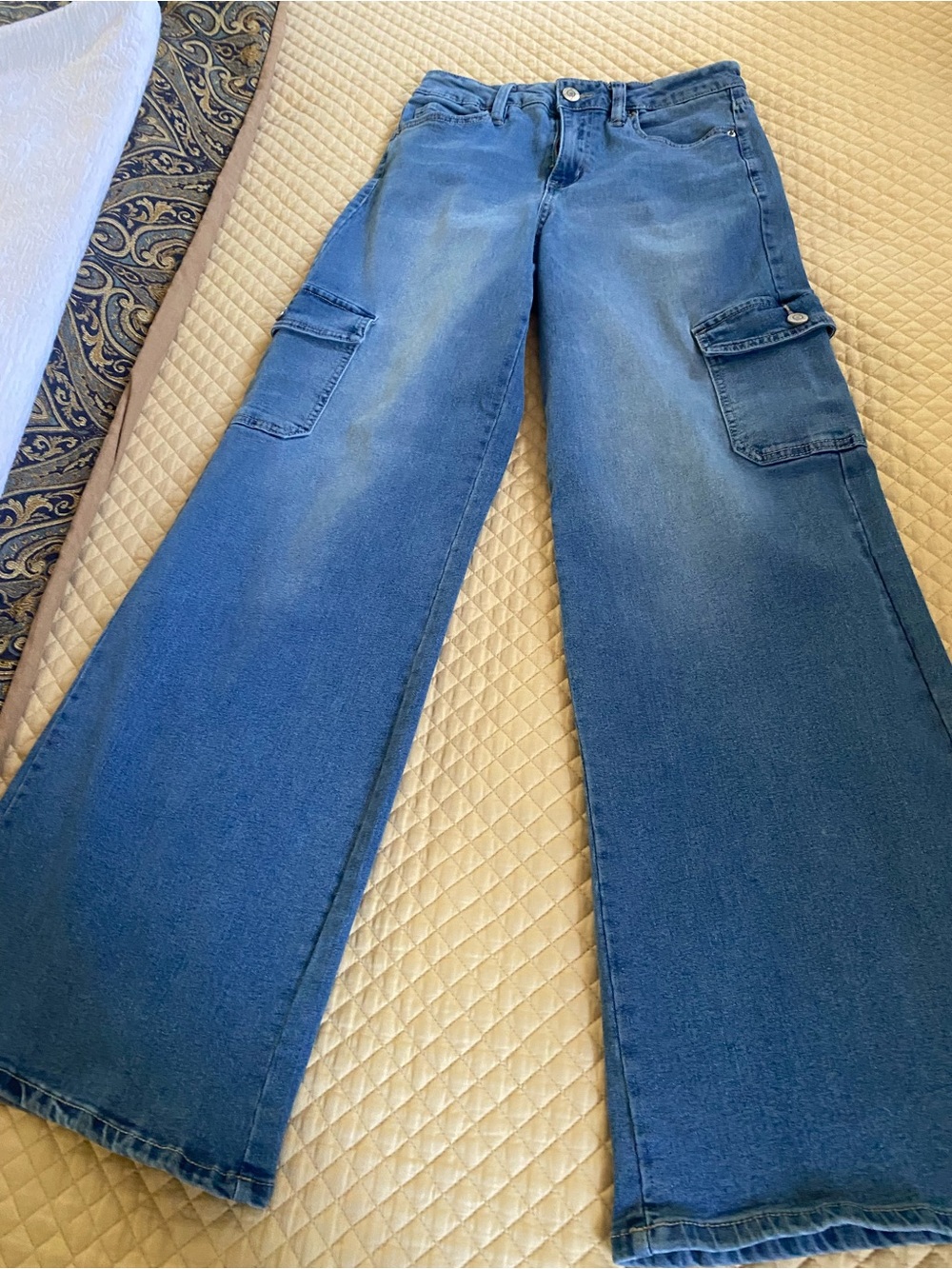 YMI Wide-Leg Cargo Jeans in Blue Wash.  high rise skater